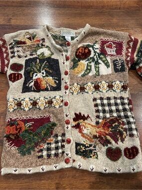 Cottage Core Sweater 90s Vintage Knit Chicken Fall Autumn Granny Cardigan Small